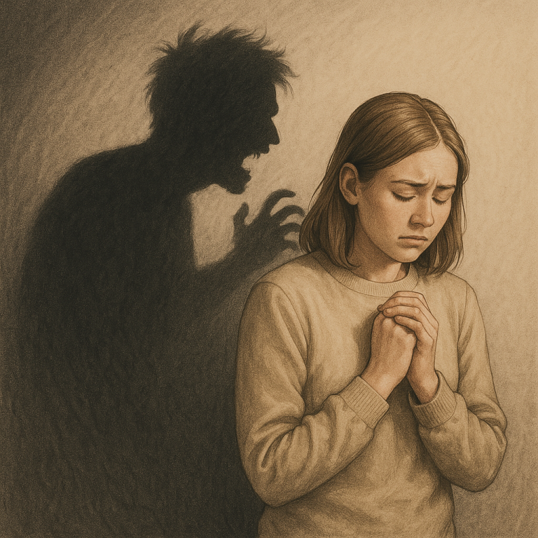 Kobieta z zamkniętymi oczami stoi w cieniu, za nią widoczny jest mroczny kształt symbolizujący lęk a strach.