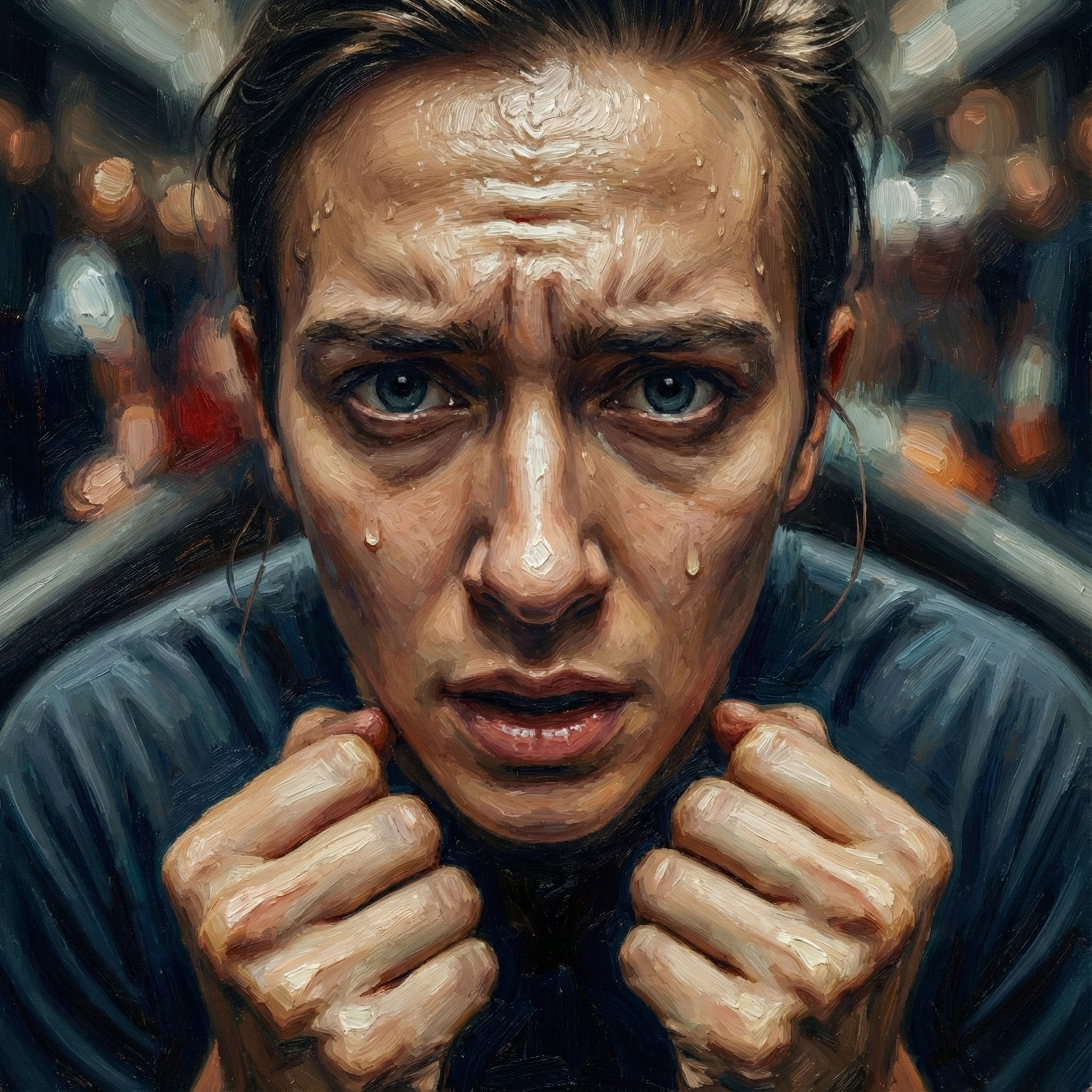 Kobieta zakrywająca twarz w geście lęku na tle powtarzających się napisów PANIC. Grafika edukacyjna do artykułu: atak paniki jak sobie pomóc.