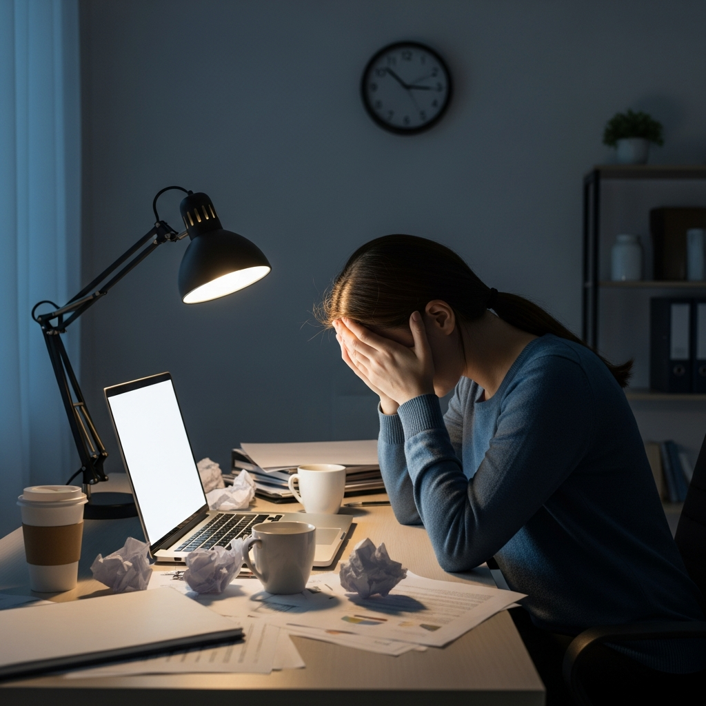Przemęczona kobieta przed monitorem komputera, ilustrująca pierwsze objawy wypalenia zawodowego w pracy biurowej.